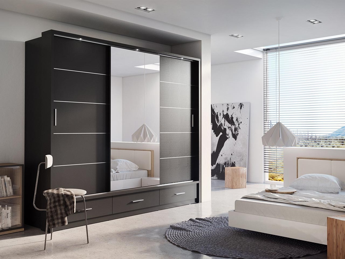 Gardróbszekrény Fresno 100, Fekete, 215x250x63cm, Szekrényajtók: Tolóajtók